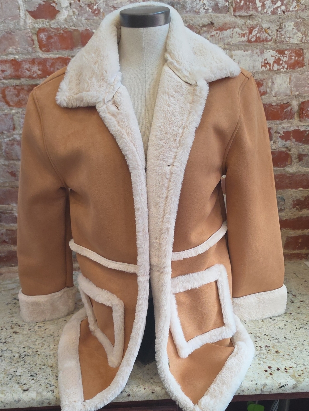Sonoma Tan Trench Coat with Cream Faux Shearling Trim- 1687